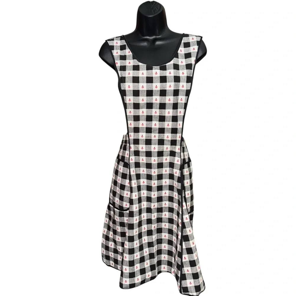 📌Ladybug Gingham Pinafore Smock Apron Black White Cotton Farmhouse Cottagecore